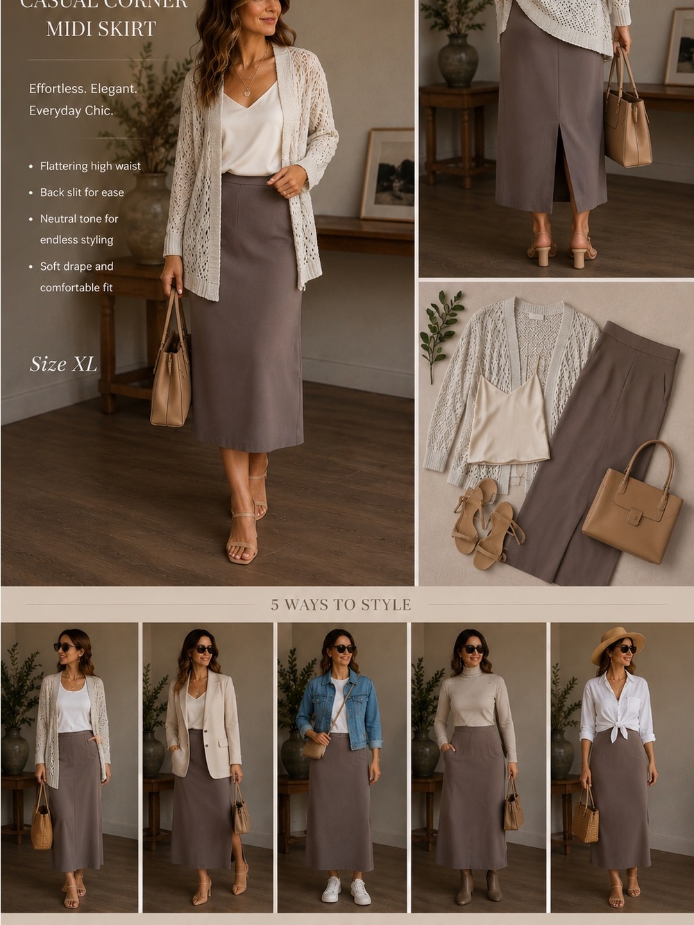 Casual Corner Taupe Midi Skirt with Back Slit